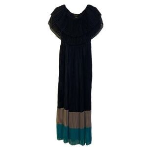 IMAN Black Pleated Color Block Maxi Dress Size Medium Lined